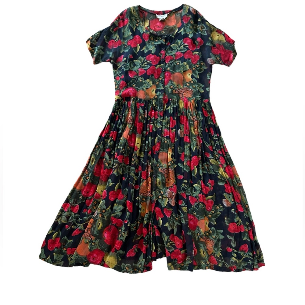 Vintage 80s Floral Sheer Dress/kimono with Built in Slip, Fruit Design